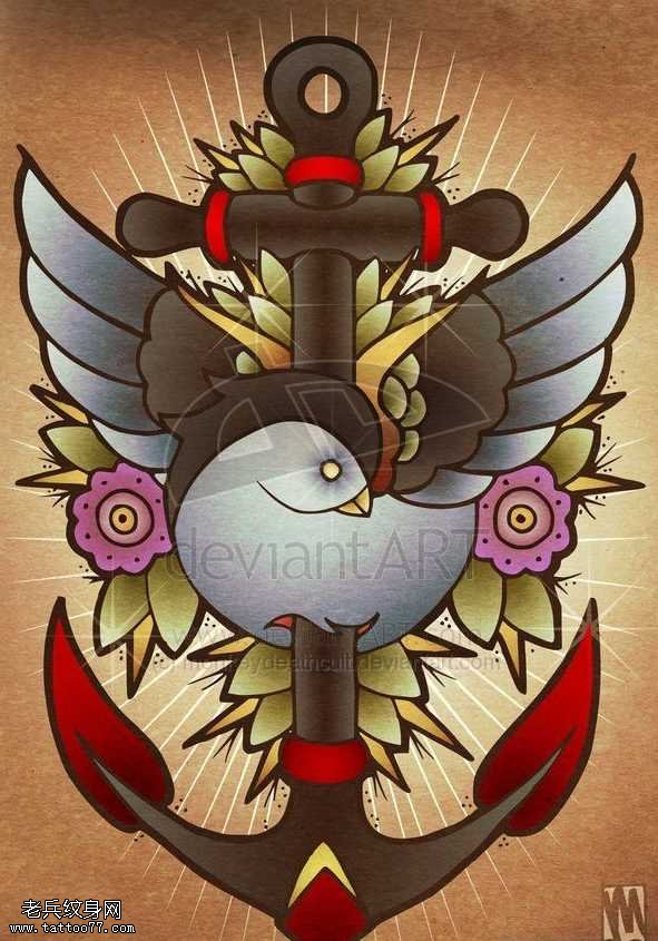 手稿彩色船锚纹身图案