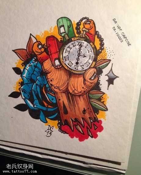 手稿彩色欧美闹钟纹身图案