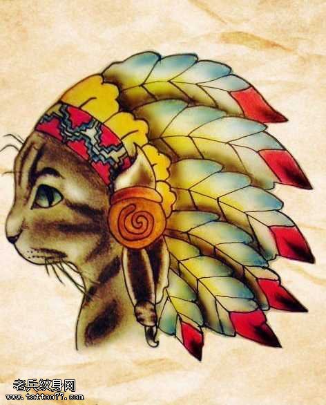 手稿印度安猫咪纹身图案