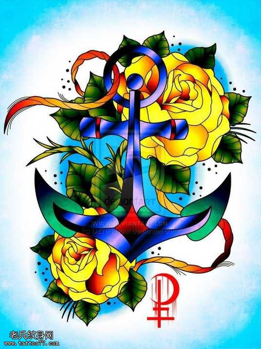 手稿彩色玫瑰船锚纹身图案
