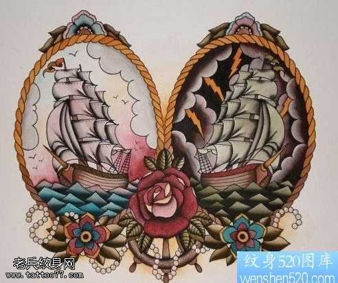 风格的帆船纹身图案