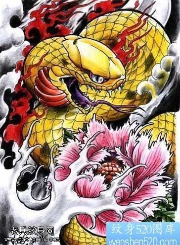 手稿一款蛇牡丹纹身图案