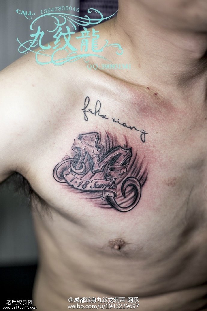 胸部地裂风花体字符纹身图案