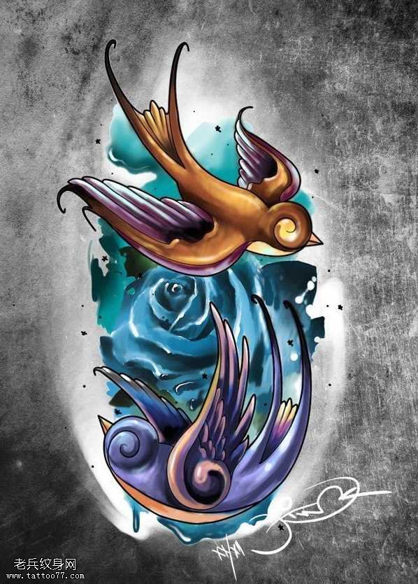 手稿彩色燕子纹身图案