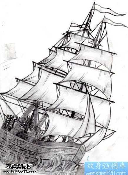 手稿帆船纹身图案