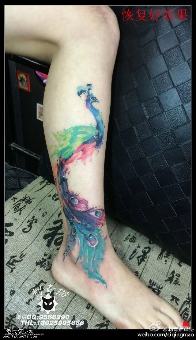 小腿水彩的孔雀纹身图案