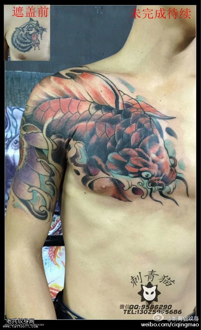肩部遮盖锦鲤纹身图案