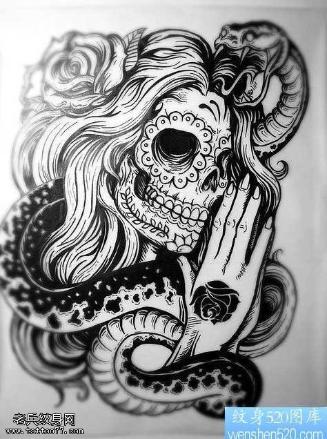 手稿骷髅蛇纹身图案