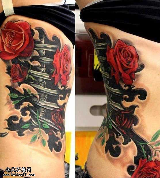 侧腰玫瑰花机械纹身图案