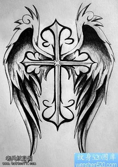 手稿十字架翅膀纹身图案
