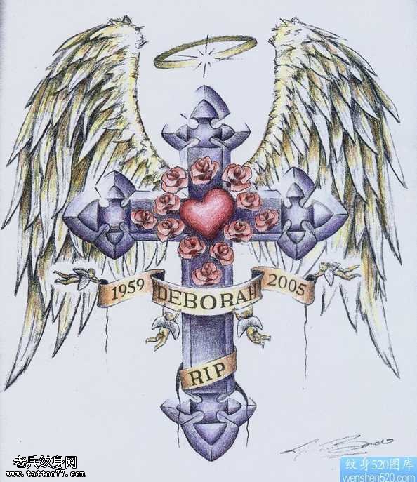 手稿翅膀十字架纹身图案