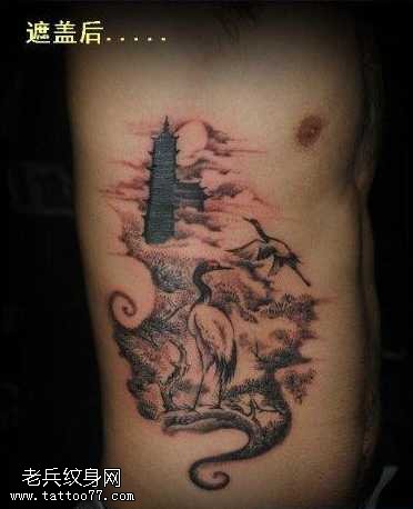 侧腰经典的白鹤纹身图案
