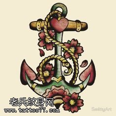 手稿花卉船锚纹身图案