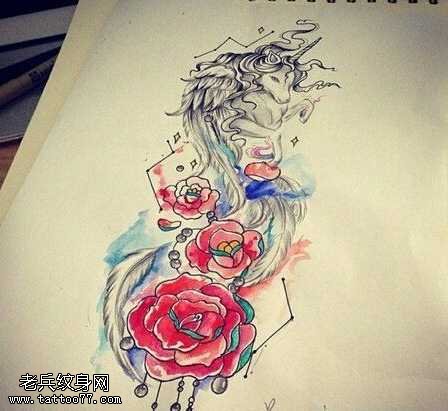 手稿独角兽玫瑰花纹身图案