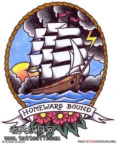 手稿彩绘的帆船纹身图案