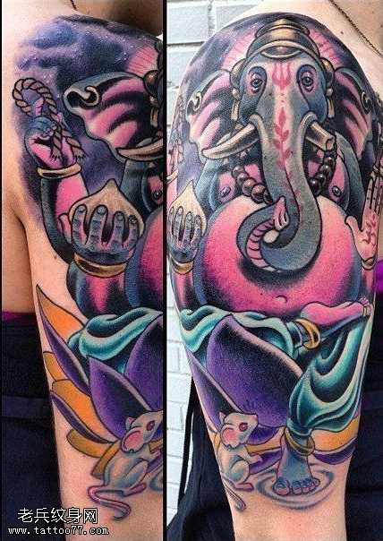 大臂欧美彩色象神纹身图案