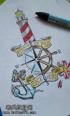 手稿指南针灯塔船锚纹身图案