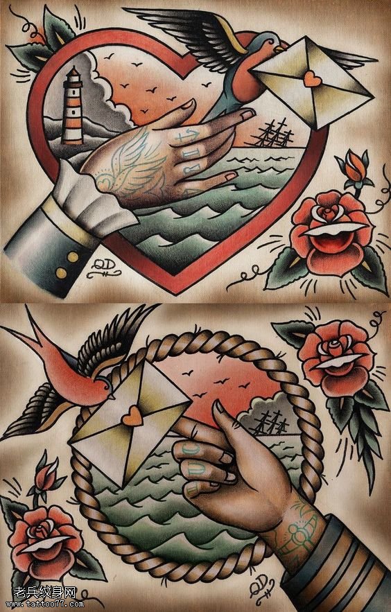 手稿彩绘信鸽纹身图案