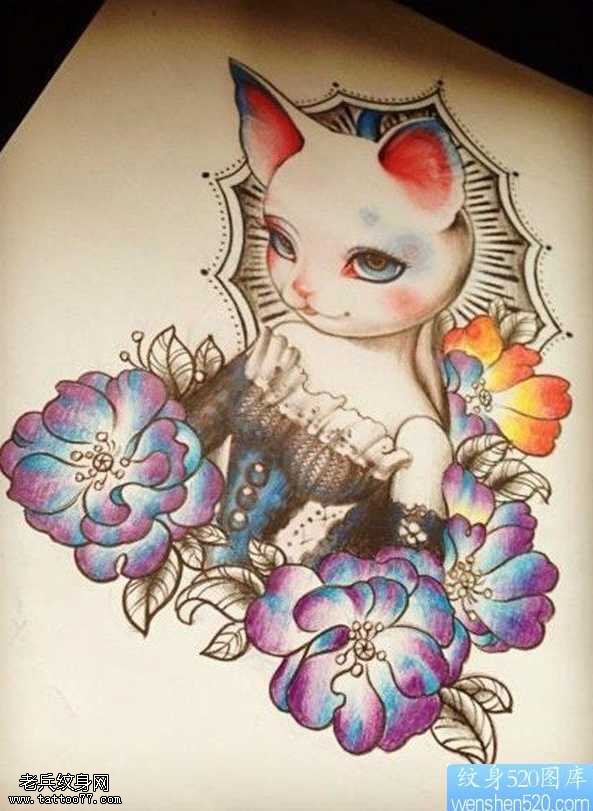 手稿漂亮的猫咪纹身图案