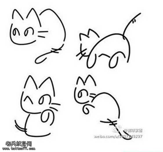 手稿线条猫咪纹身图案