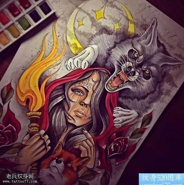 手稿彩色狼头纹身图案
