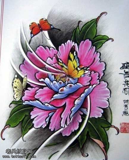 手稿牡丹纹身图案
