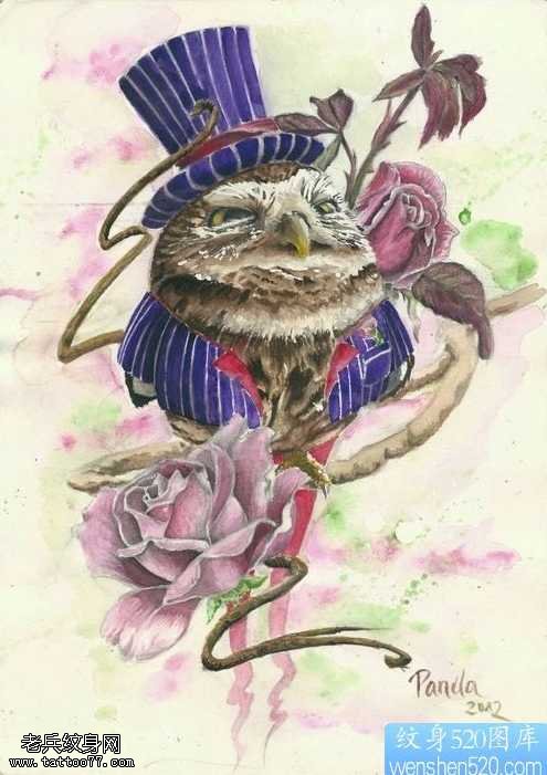 猫头鹰玫瑰花纹身图案