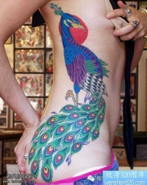 侧腰孔雀纹身图案
