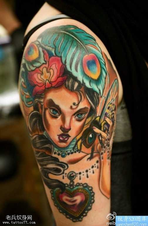 彩色流行女郎纹身图案