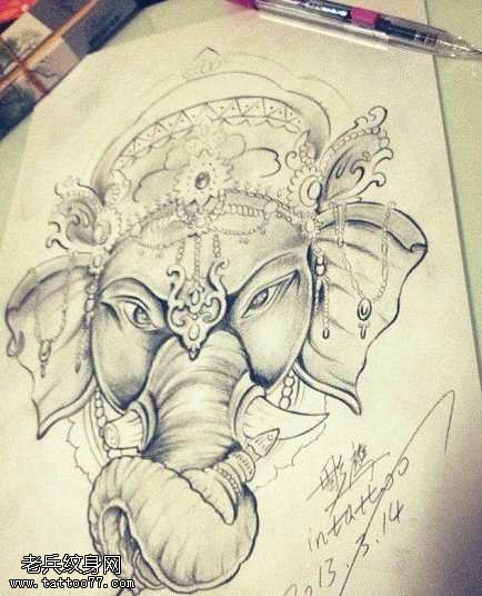 手稿象神纹身图案