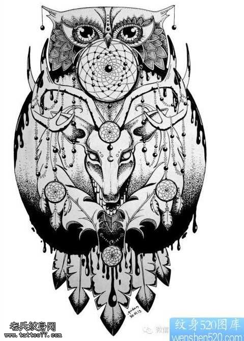 手稿猫头鹰纹身图案