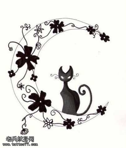 手稿月亮猫咪纹身图案