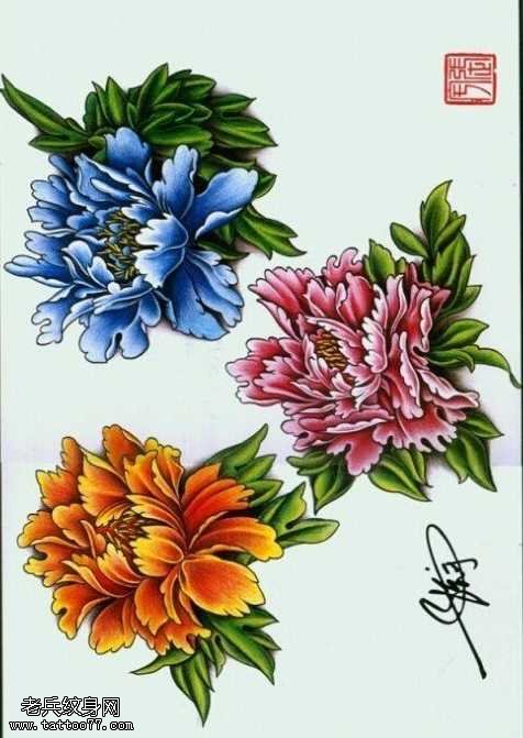 手稿牡丹纹身图案