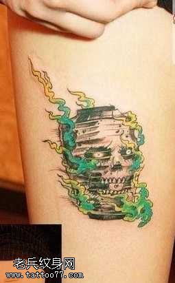 腿部彩色骷髅纹身图案