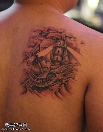 背部船锚灯塔帆船纹身图案