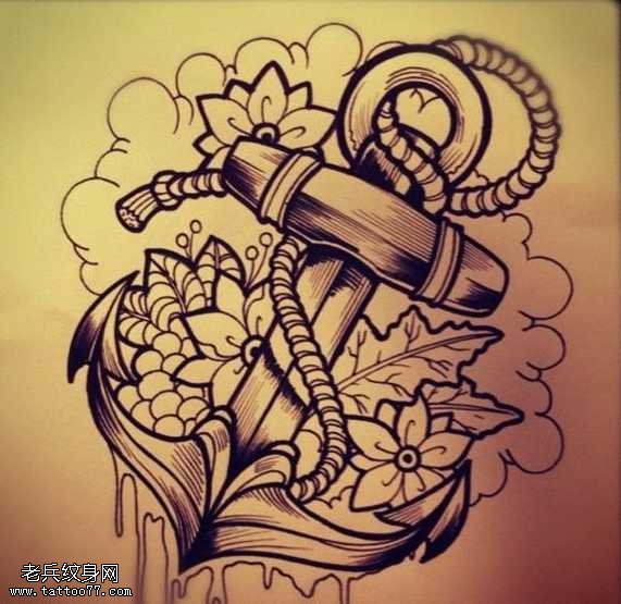 手稿船锚花纹身图案