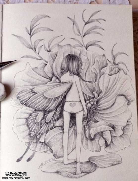 手稿花卉精灵纹身图案