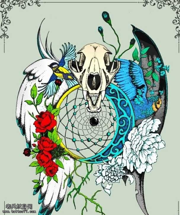 手稿羚羊翅膀牡丹花纹身图案