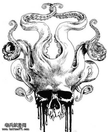 手稿章鱼骷髅头纹身图案