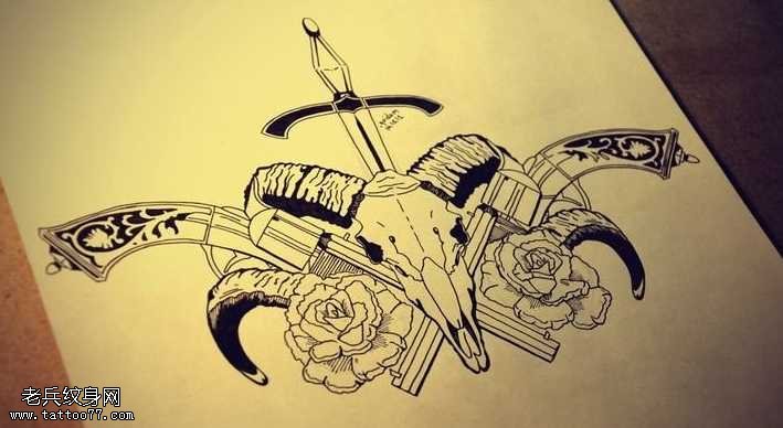 手枪羚羊匕首玫瑰花纹身图案