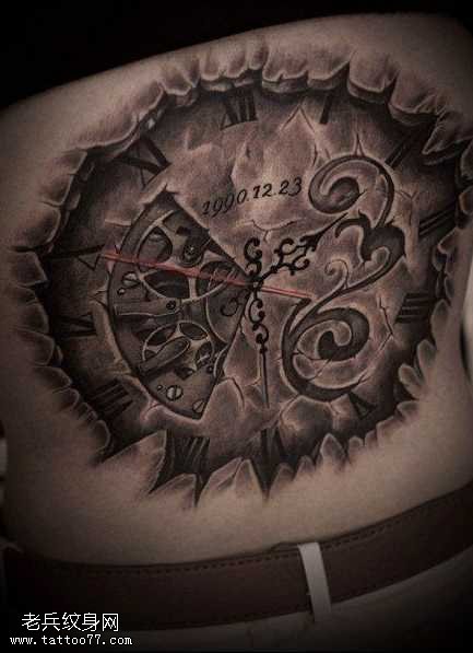 腰部机械时钟纹身图案