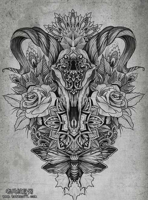 手稿羚羊玫瑰花梵花纹身图案