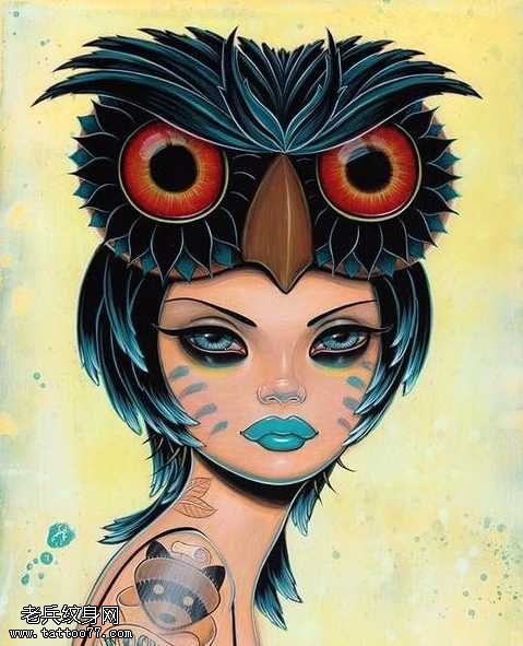 女郎猫头鹰纹身图案