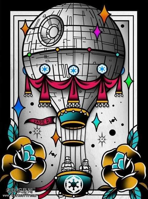 手稿热气球玫瑰花纹身图案