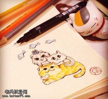 手稿彩色猫咪纹身图案