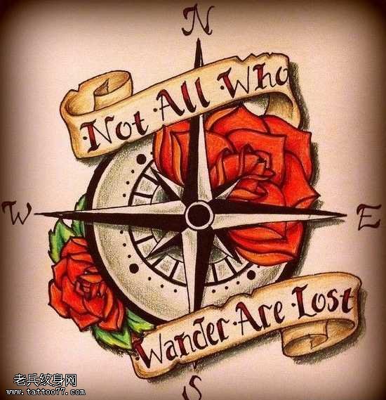 指南针罗盘玫瑰花字母纹身图案