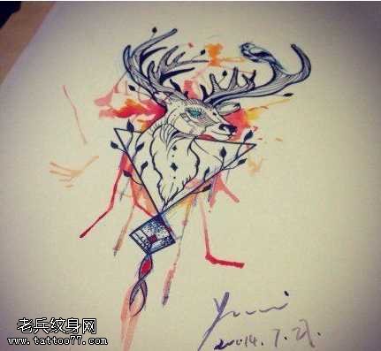手稿彩色羚羊纹身图案