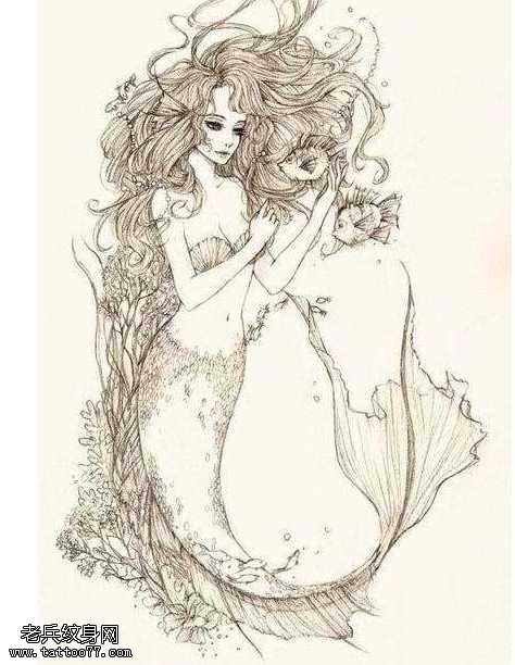 手稿伤感美人鱼纹身图案