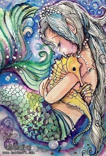 手稿彩色小孩美人鱼纹身图案