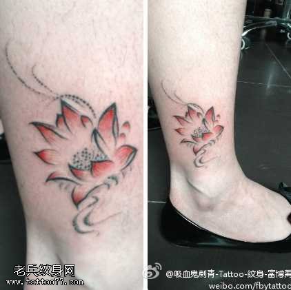腿部水墨画莲花纹身图案